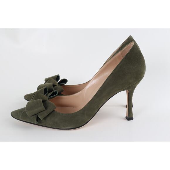 Manolo Blahnik Green Suede Bow Pumps Handmade Italy Designer Heels Size 37 - Picture 9 of 13
